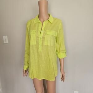 Old Navy Neon Lime Linen Button Front Tunic Shirt Roll Tab Sleeve Size M